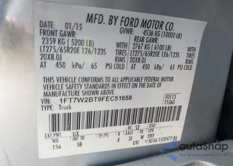 2015 Ford F250 Lariat из США, поврежденный, VIN 1FT7W2BT9FEC51658